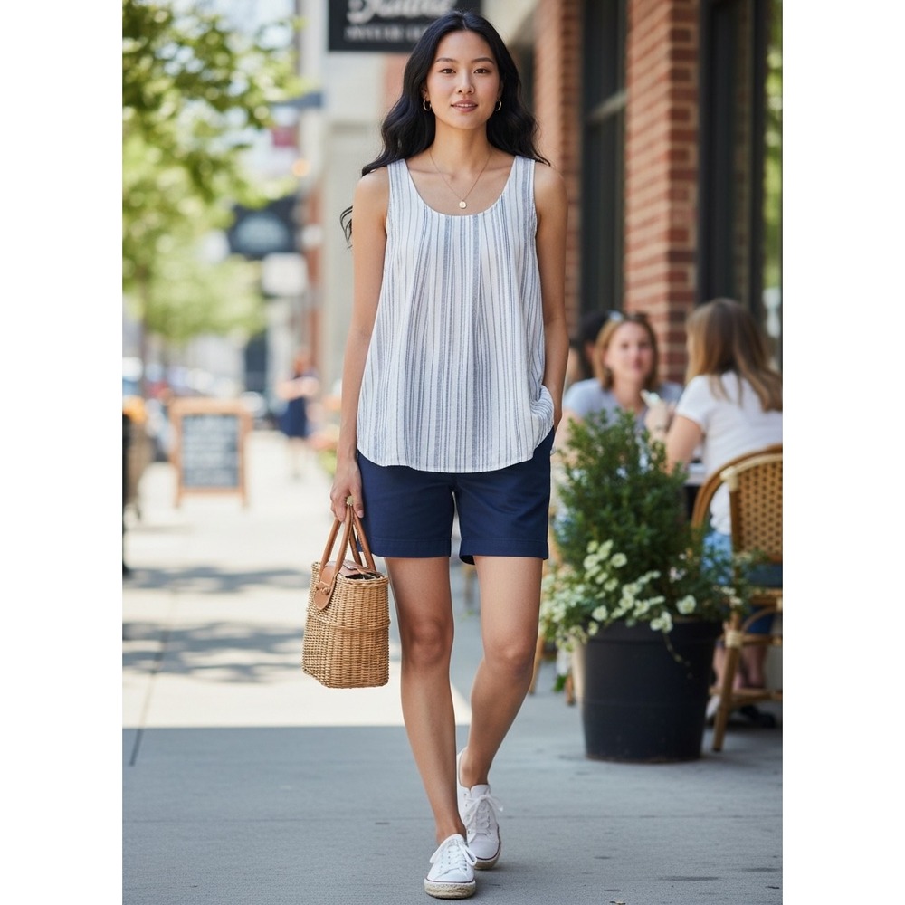 COS 100% Cotton Striped Sleeveless Tank Top White Navy Blue Rounded Hem‎ Size S